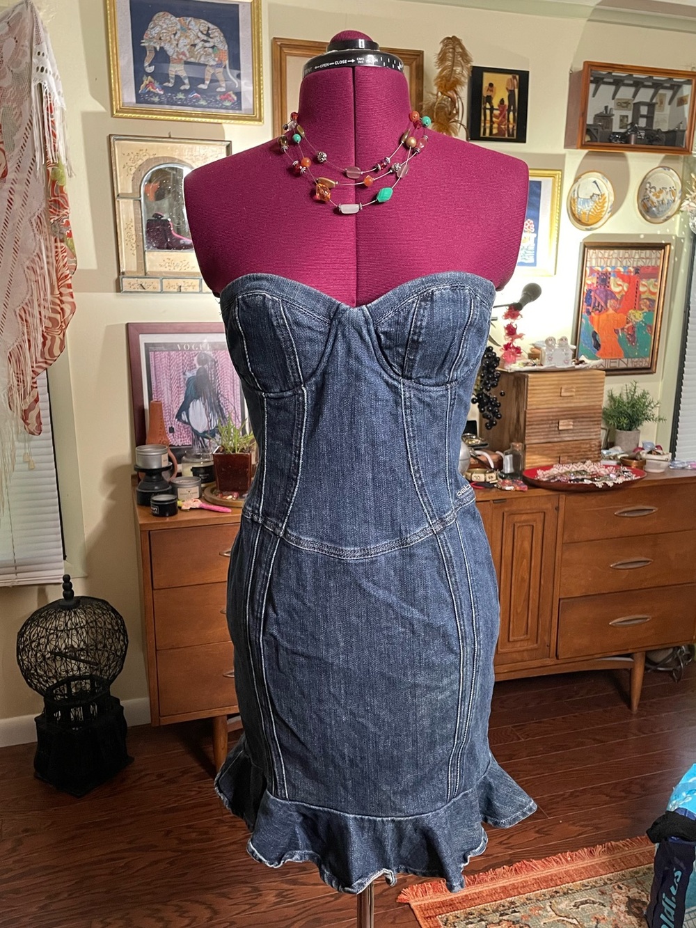Vintage Bebe Strapless Denim Sweetheart corset Dress with Ruffle Hem - Blue